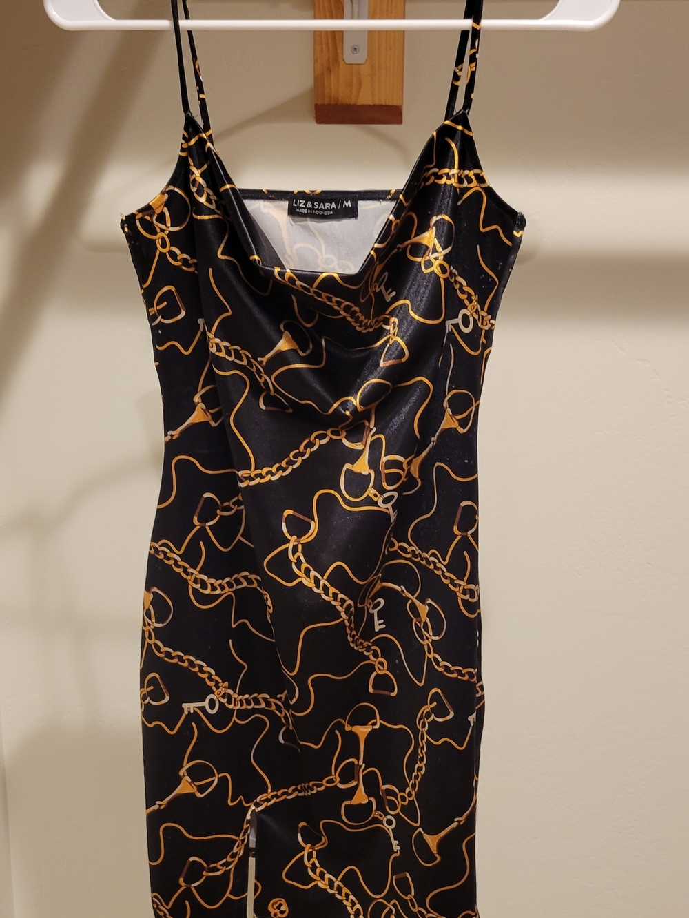 Black Slip Dress with Gold Chain Print